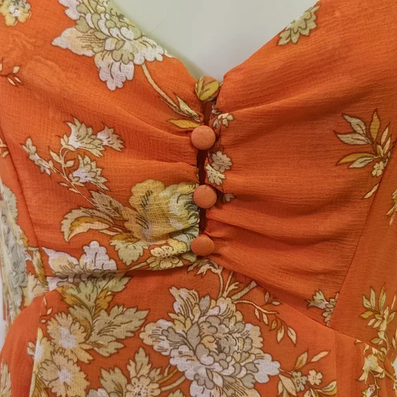 Urban Outfitters Orange/Yellow MultiColor Floral Strappy Ruffle Maxi Dress,Large - Picture 7 of 16